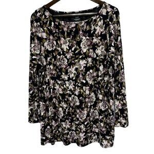 J Jill Tunic Womens L Petite Black Floral Luxe Supima Split Sleeve Stretch Top